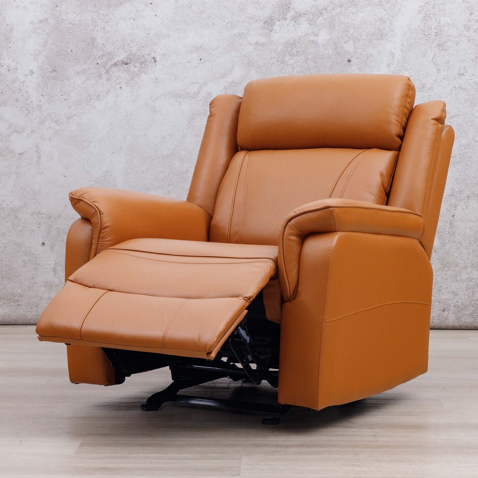 Leather Gallery Carter 1 Seater Leather Recliner Chair in Tan, shown with the footrest extended.