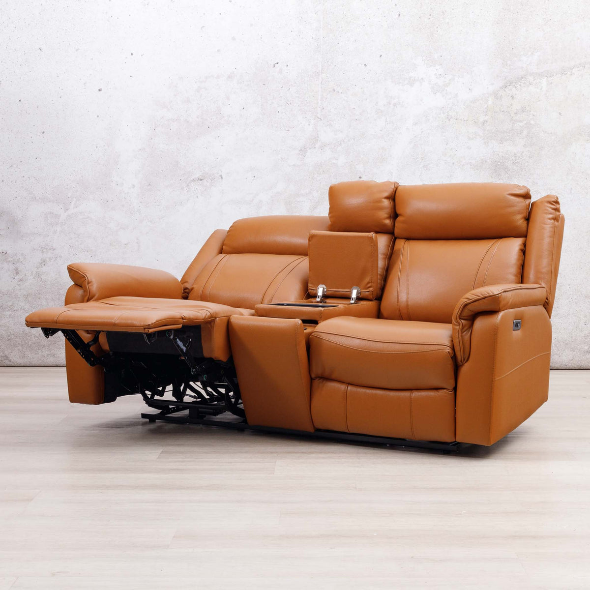 Leather Gallery Carter 2 Seater Leather Recliner in Tan, shown with one seat extended and a centre console tray table.