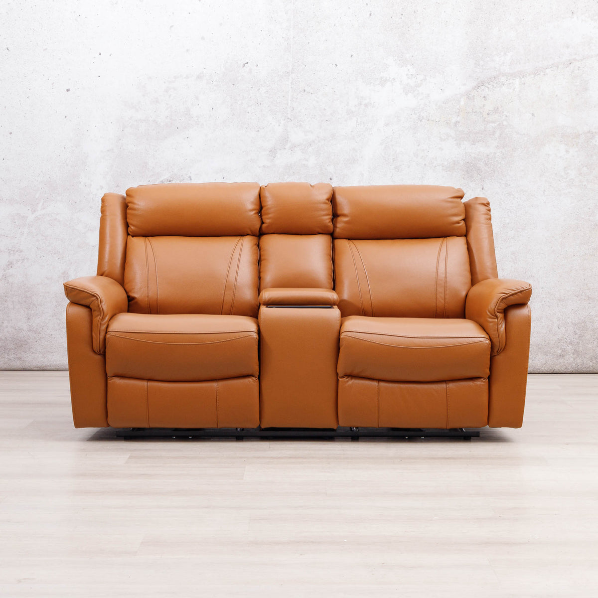 Leather Gallery Carter 2 Seater Leather Recliner in Tan, featuring a centre console and dual reclining seats.