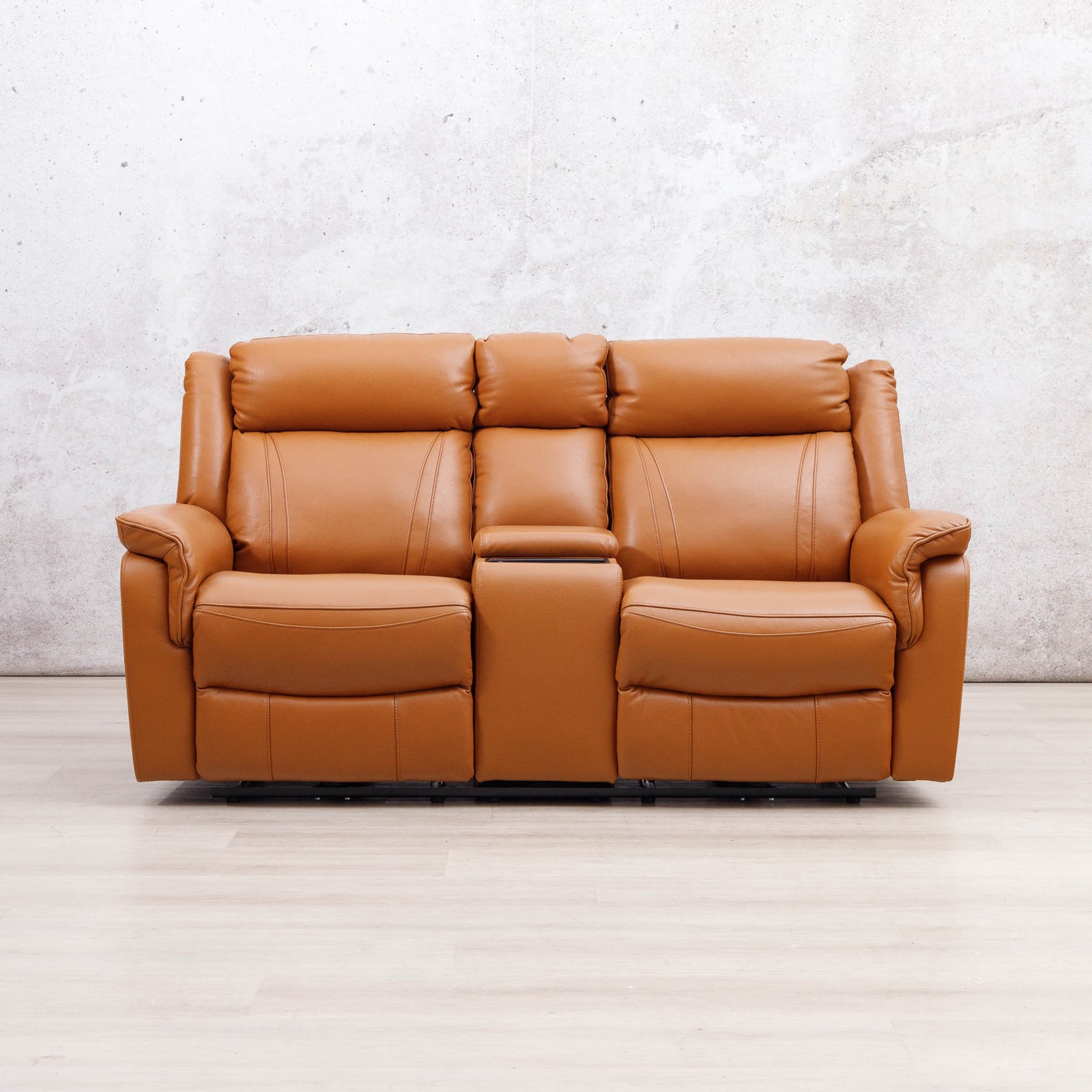 Leather Gallery Carter 2 Seater Leather Recliner in Tan, featuring a centre console and dual reclining seats.