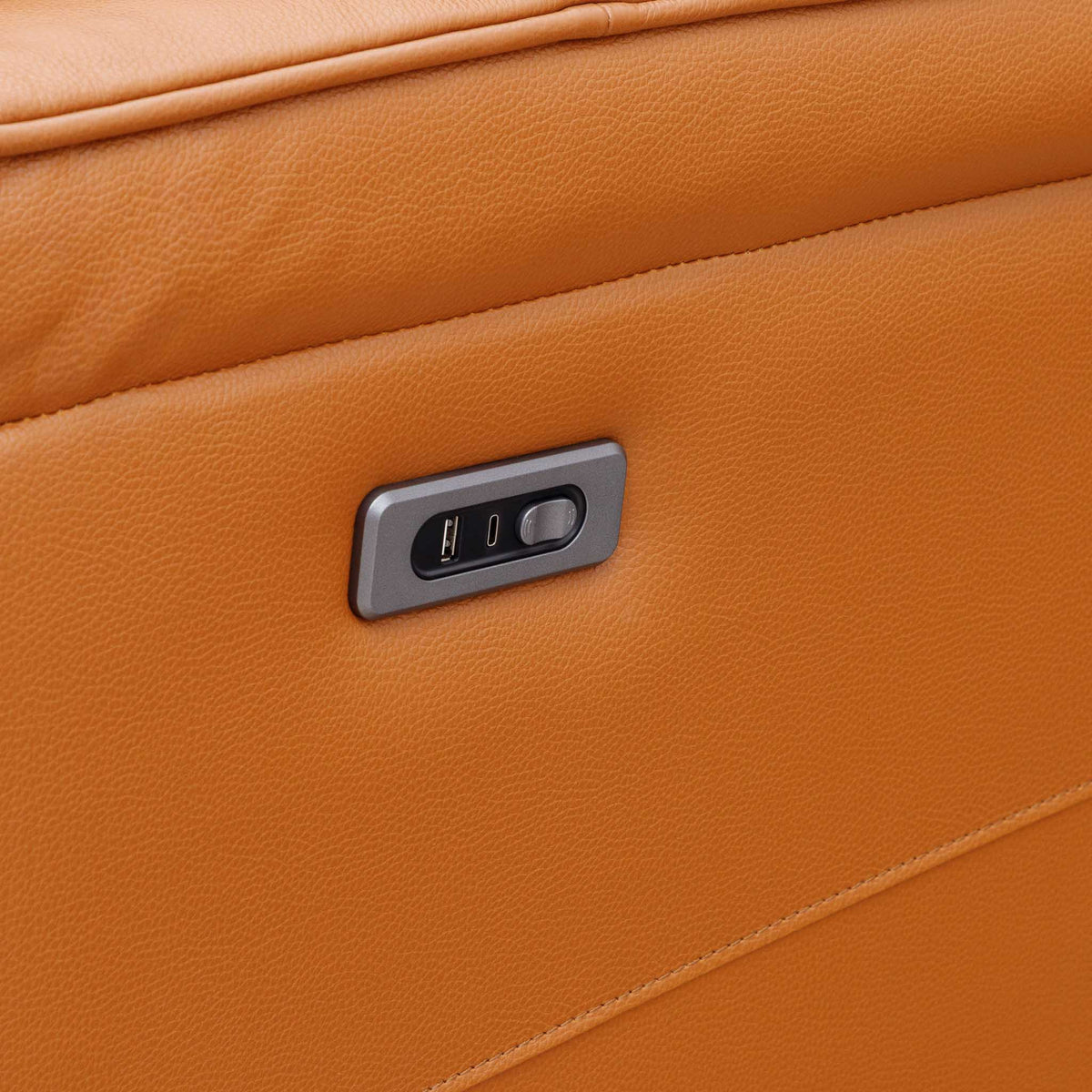 Close-up of the Leather Gallery Carter 1 Seater Leather Recliner Chair in Tan, showing the metallic two-button control panel.