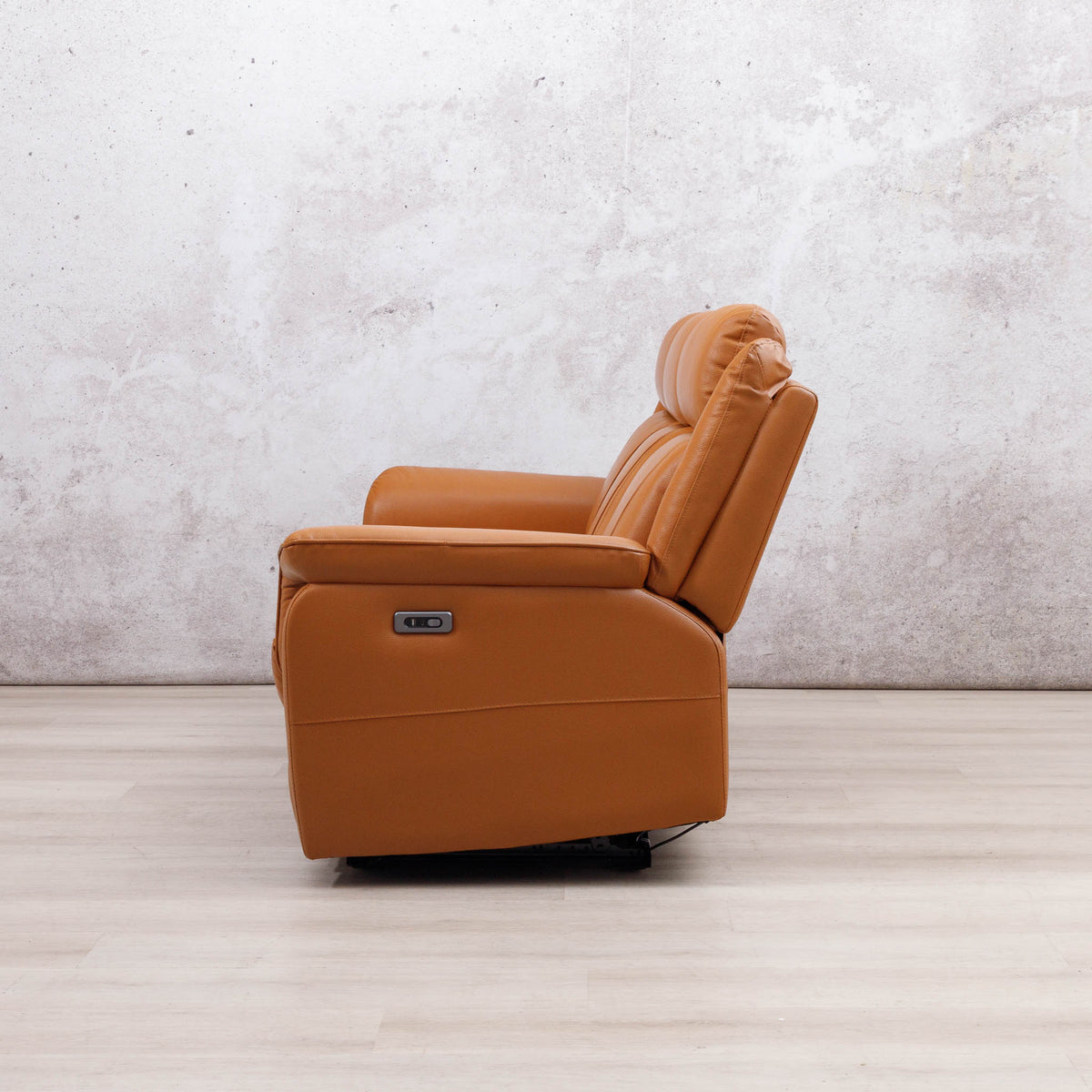 Side view of the Leather Gallery Carter 3 Seater Leather Recliner in Tan, showing the side power control panel.