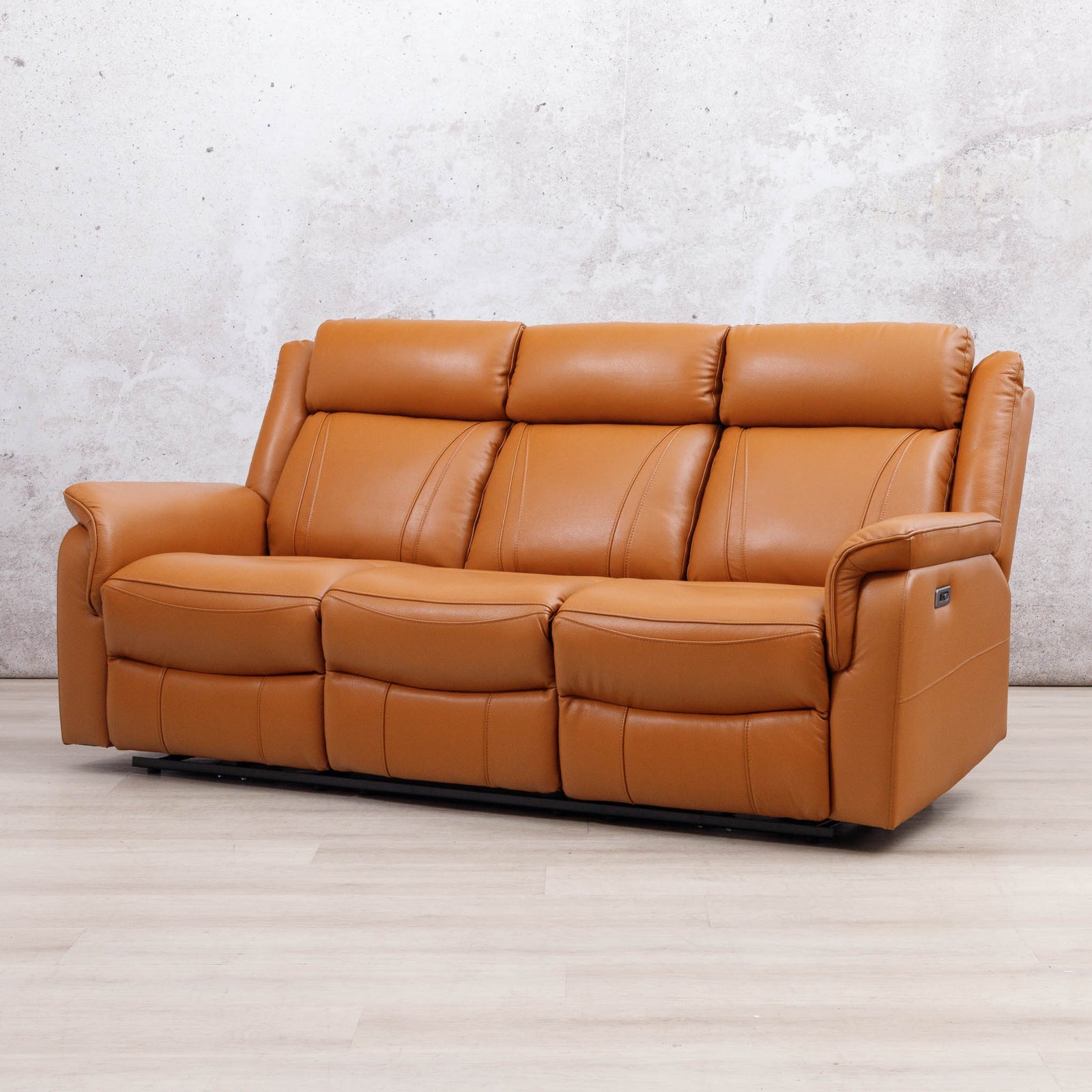 Leather Gallery Carter 3 Seater Leather Recliner in Tan, featuring smooth leather upholstery and power reclining seats.