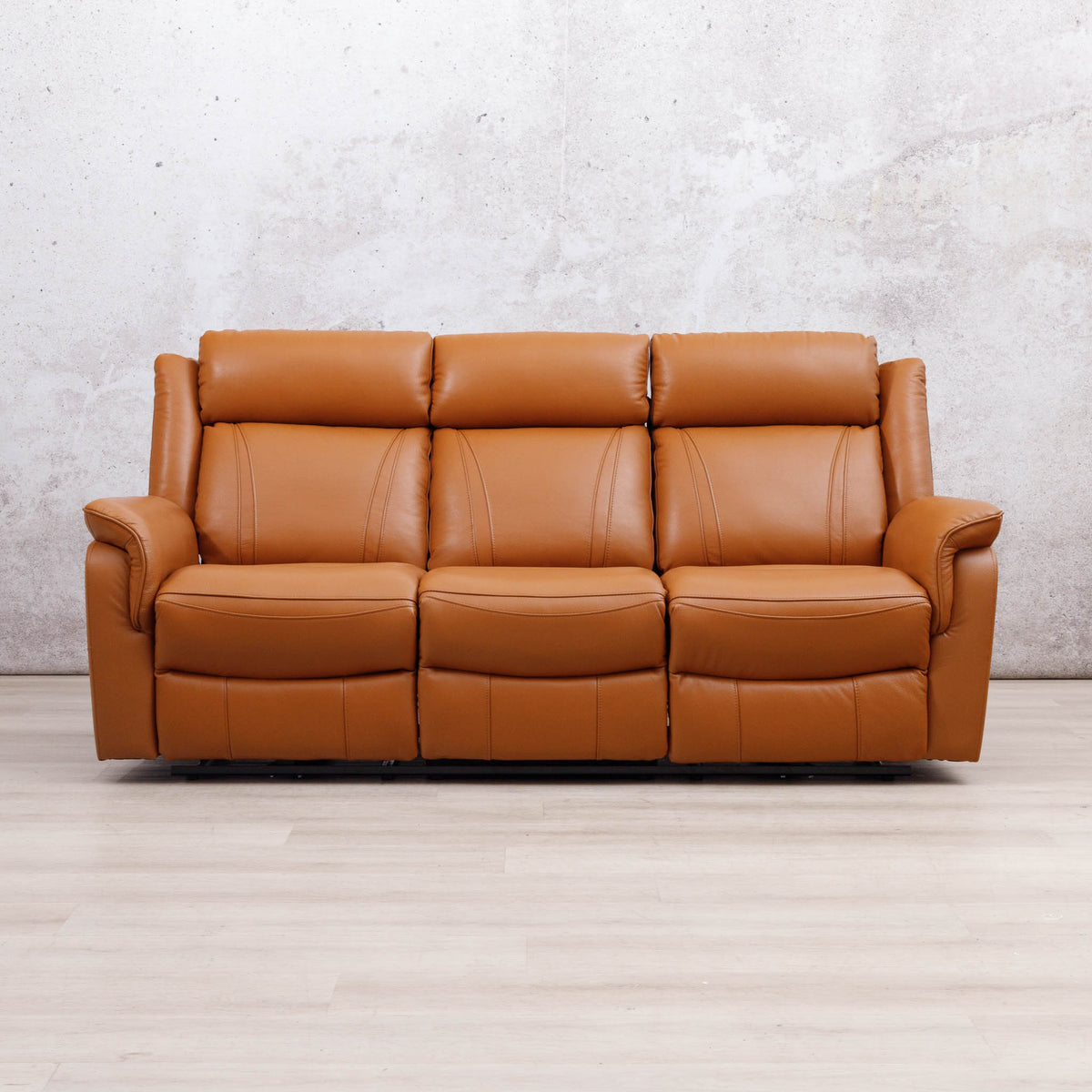 Leather Gallery Carter 3 Seater Leather Recliner in Tan, featuring power reclining seats and smooth leather upholstery.