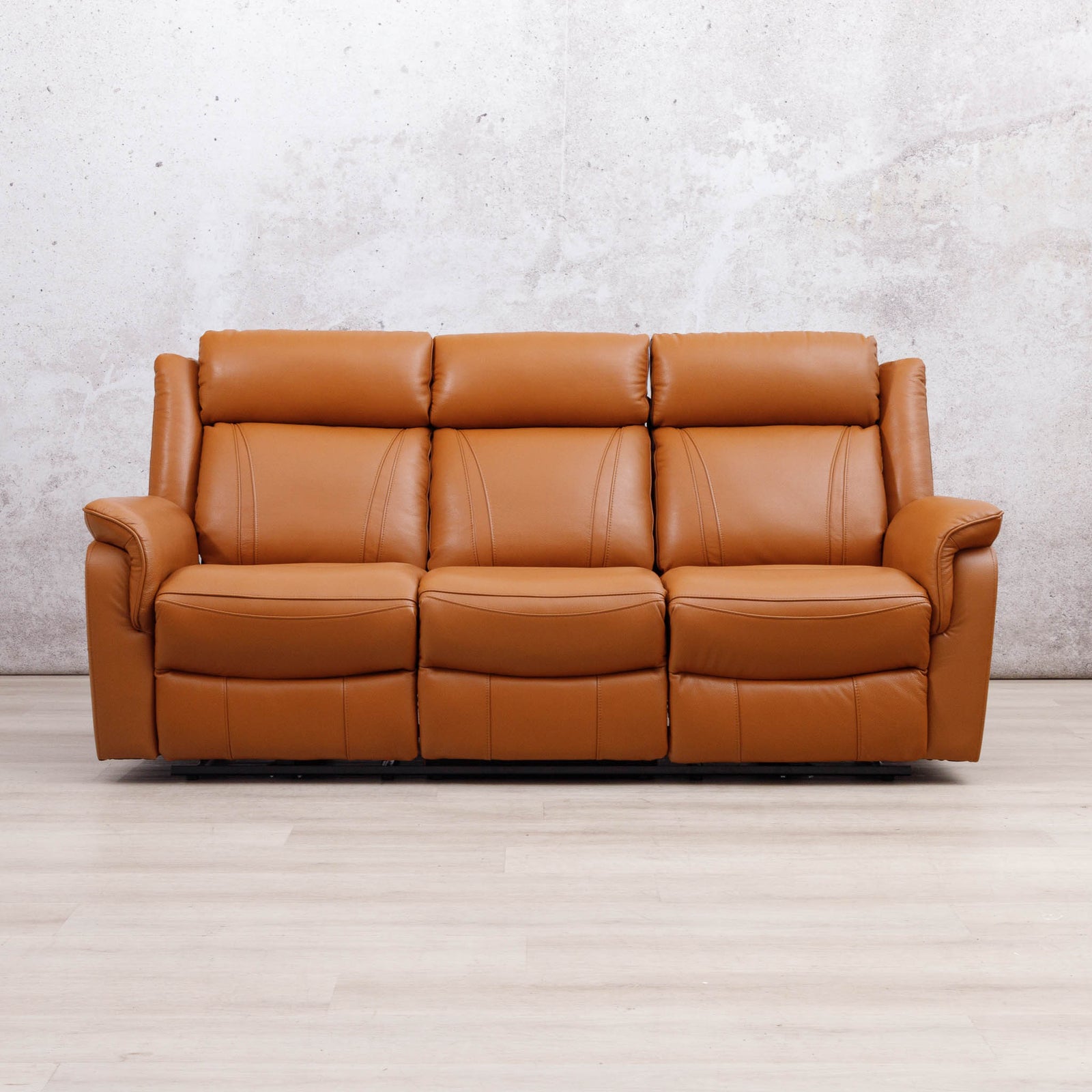 Leather Gallery Carter 3 Seater Leather Recliner in Tan, featuring power reclining seats and smooth leather upholstery.