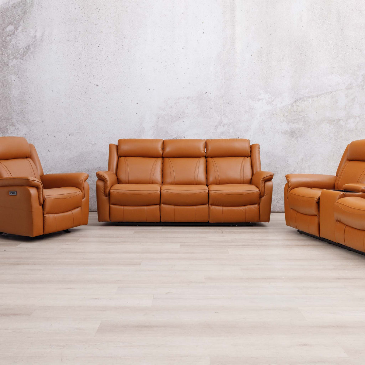 Leather Gallery Carter 3+2+1 Leather Recliner Suite in Tan, featuring a 3 seater sofa with matching 2 seater and 1 seater recliners.