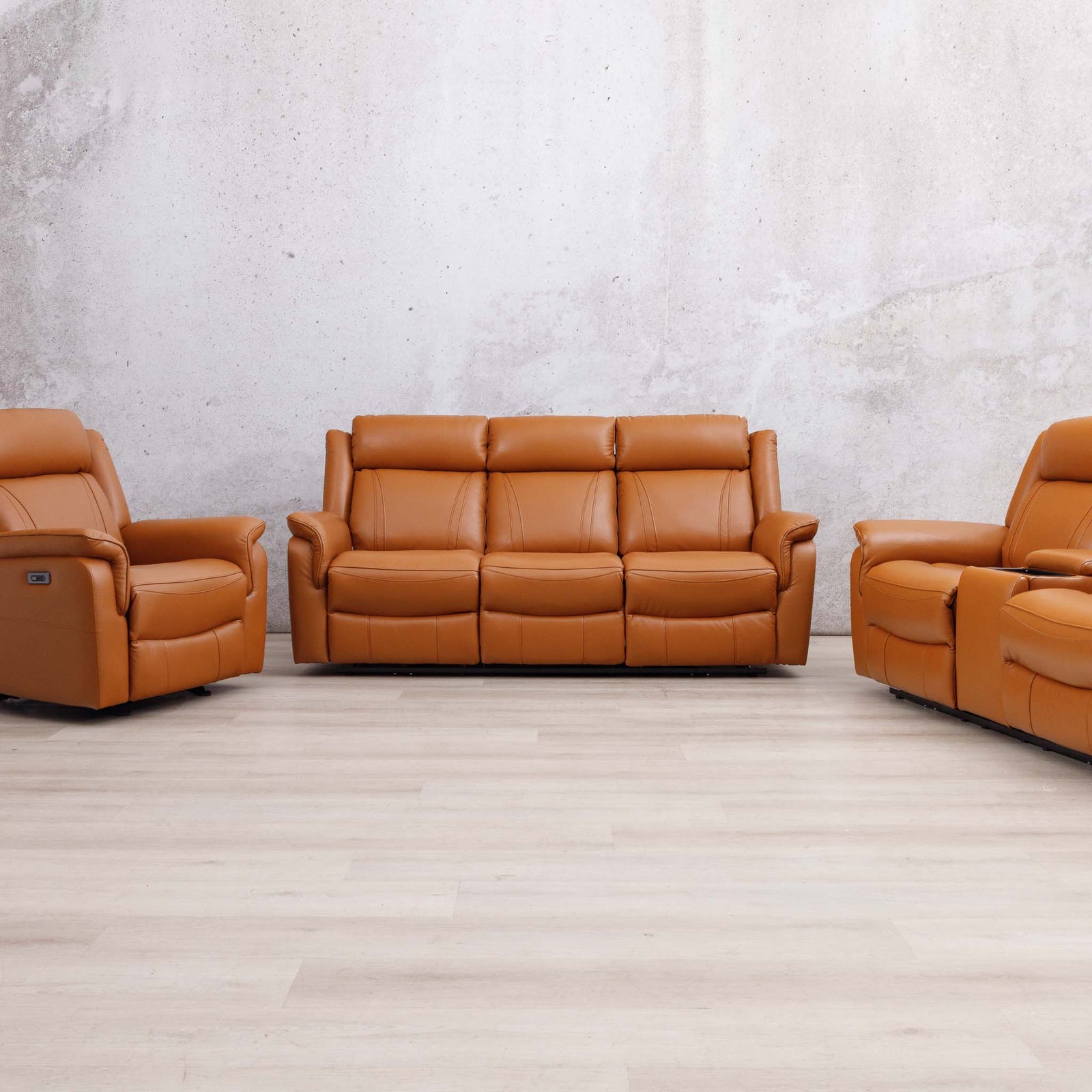 Leather Gallery Carter 3+2+1 Leather Recliner Suite in Tan, featuring a 3 seater sofa with matching 2 seater and 1 seater recliners.
