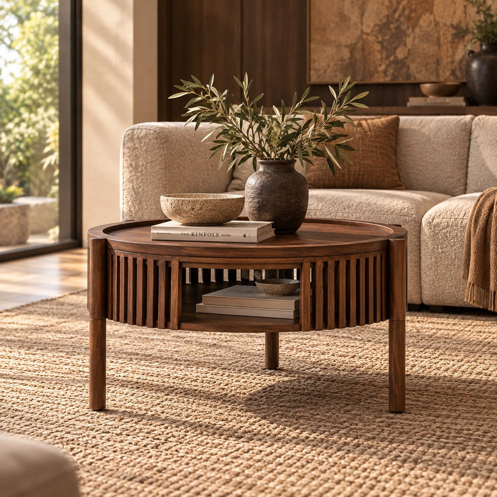 A modern round coffee table styled in a minimalist living room on a neutral rug, perfect for homeowners looking for coffee tables for minimalist spaces.