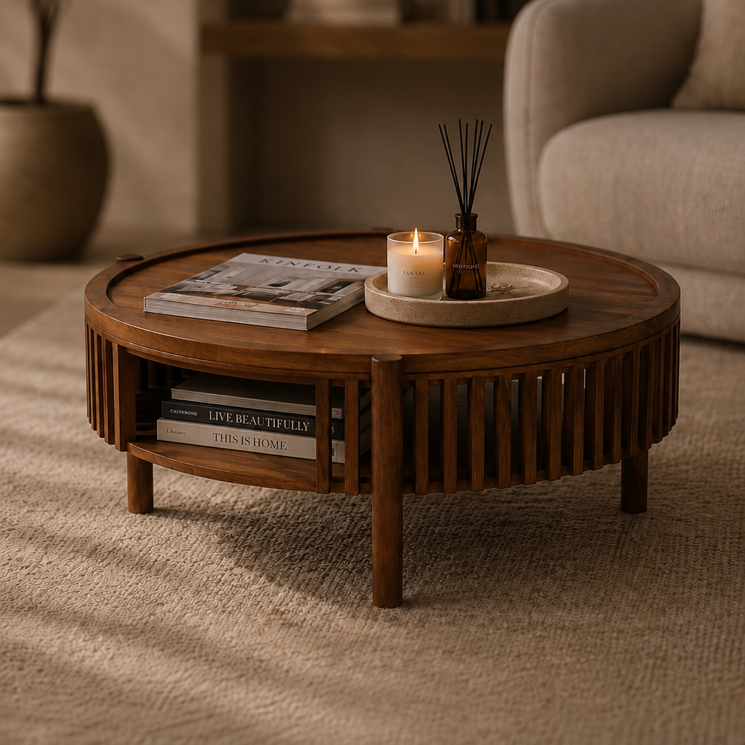 A modern round coffee table styled in a minimalist living room on a neutral rug, perfect for homeowners looking for coffee tables for minimalist spaces.