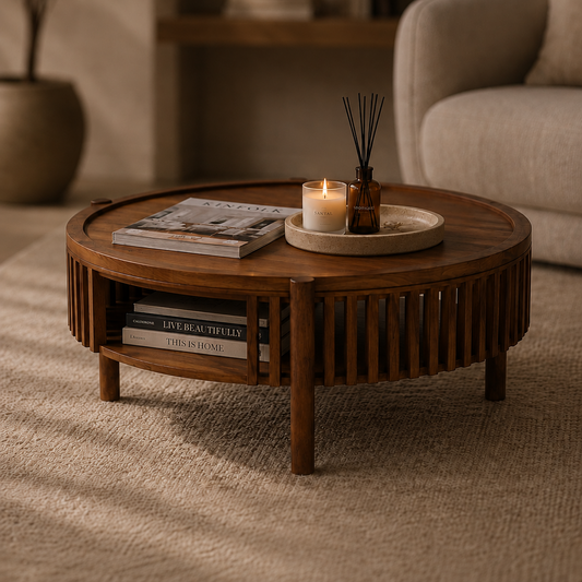 A modern round coffee table styled in a minimalist living room on a neutral rug, perfect for homeowners looking for coffee tables for minimalist spaces.