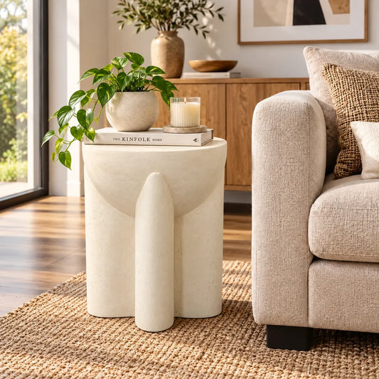Gallery Everyday Castello Side Table, featuring a sculptural off-white concrete design styled beside a beige sofa.