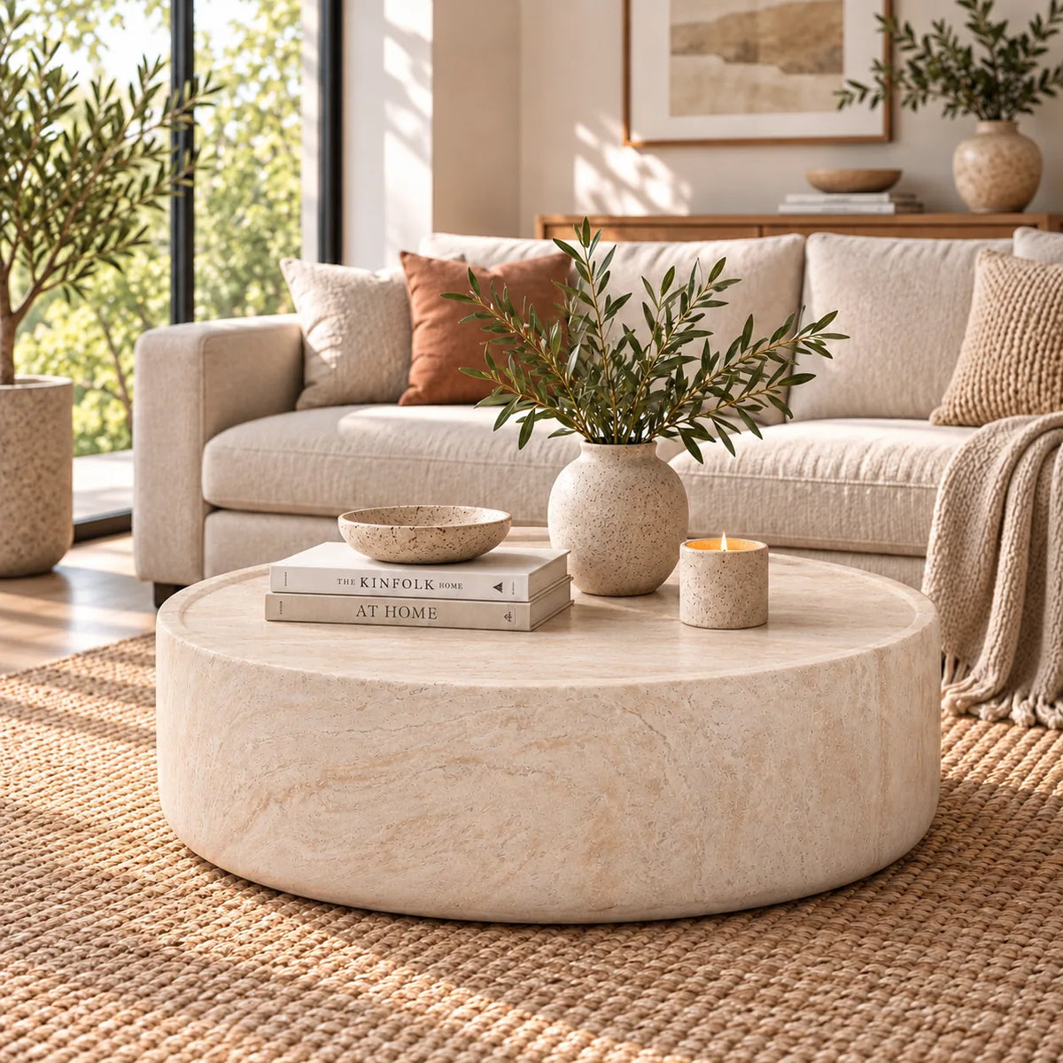 Gallery Everyday Cecilia Coffee Table in Seashell, featuring a round light beige travertine stone design in a bright modern living room.
