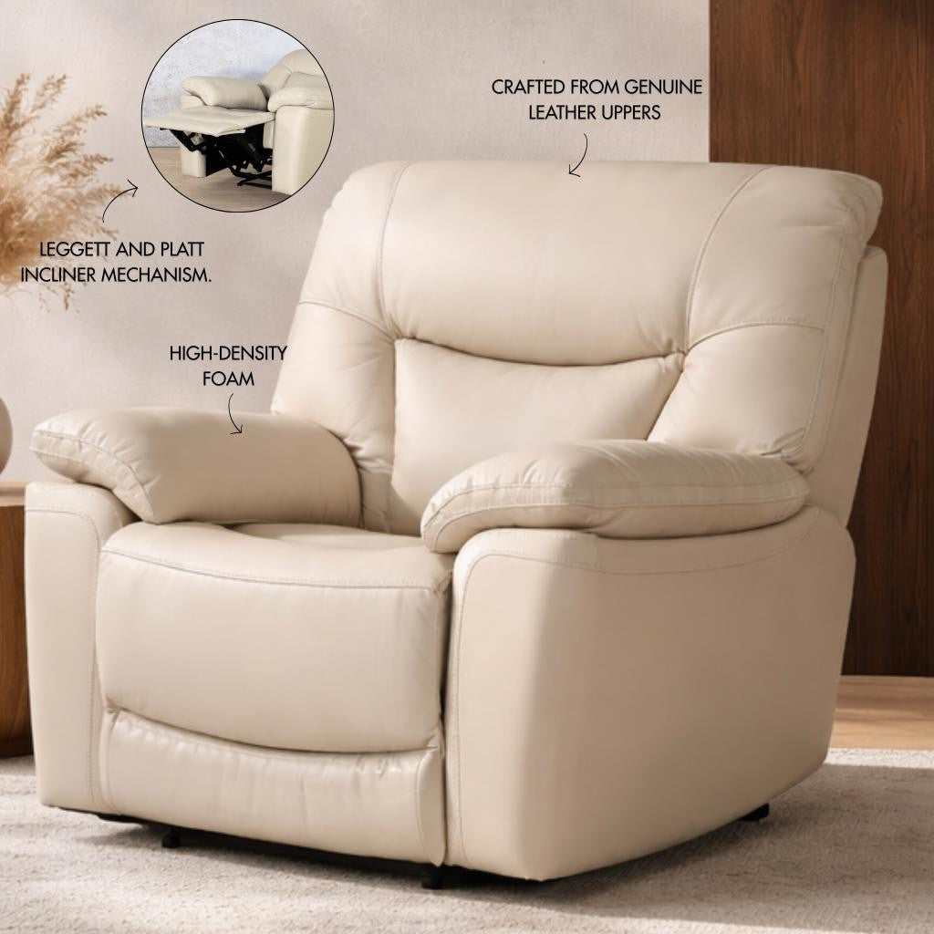 Chester 1 Seater Leather Recliner Chair - Beige-G - Leather Recliner