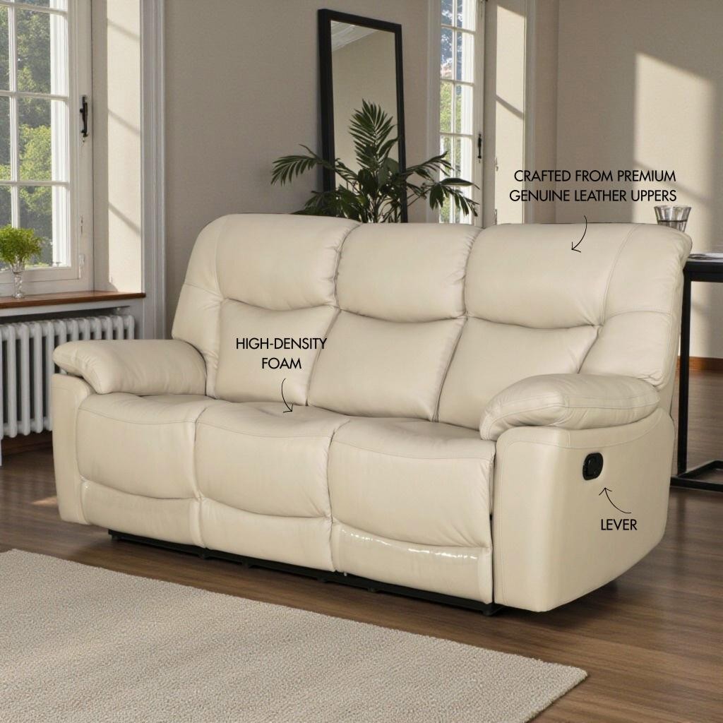 Chester 3 Seater Leather Recliner - Beige-G - Leather Recliner