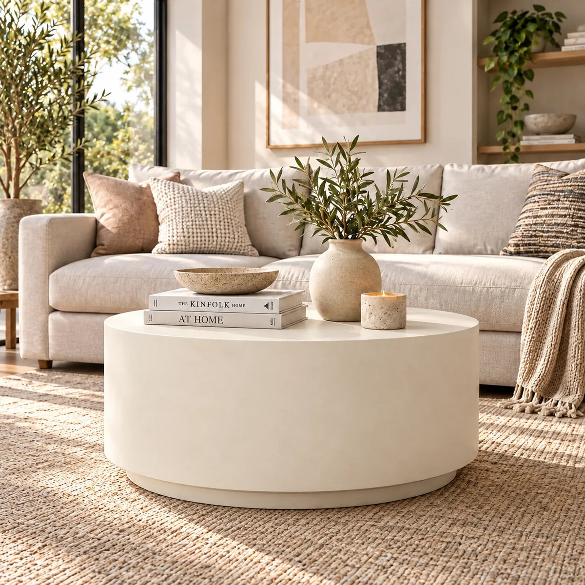 Gallery Everyday Corsano Coffee Table, featuring a round low-profile design in a warm off-white concrete finish.