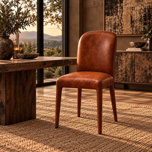Stattera Cyrus Leather Chair in Vintage Cognac, featuring a curved backrest, warm brown leather upholstery, and tapered wooden legs.