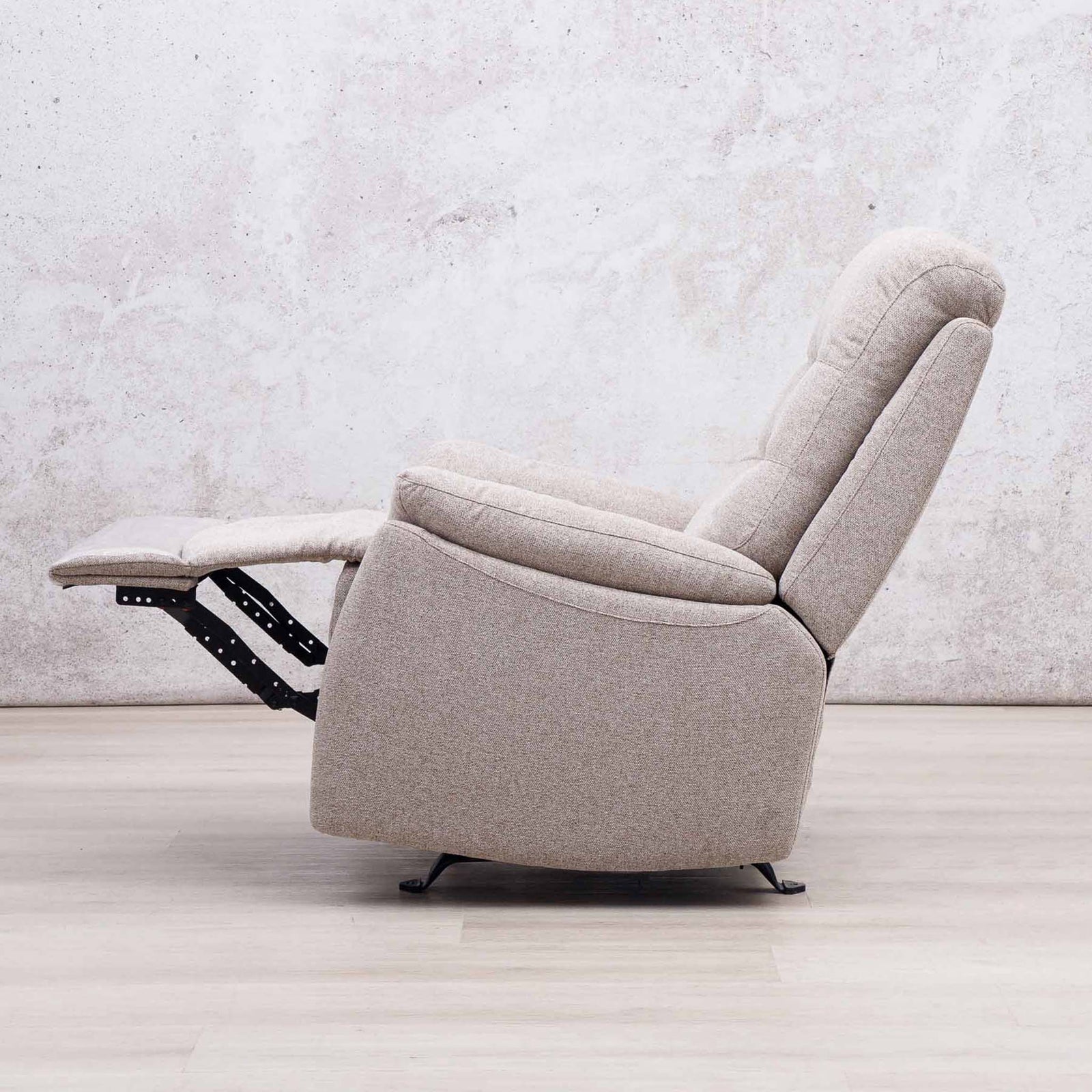 Leather Gallery Dallas Fabric Rocker Recliner Chair in Beige, shown with the footrest extended.
