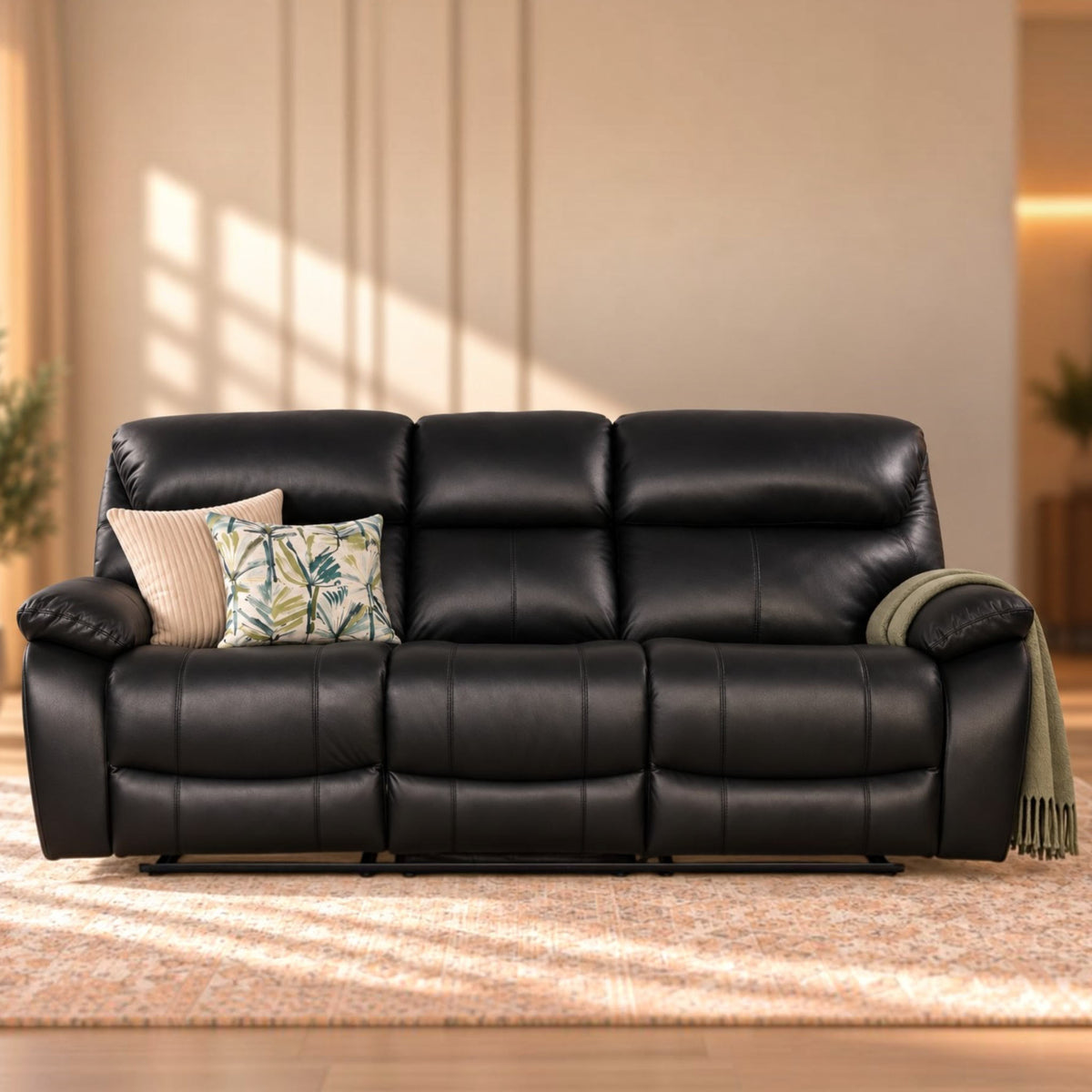 Delta 3 Seater Leather Recliner - Luxe Black - Leather Recliner luxe black