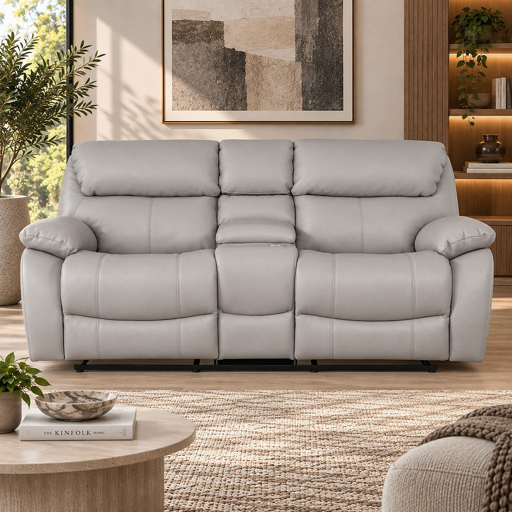 Delta 2 Seater Home Theatre Leather Recliner - Manatee Grey - Leather Recliner