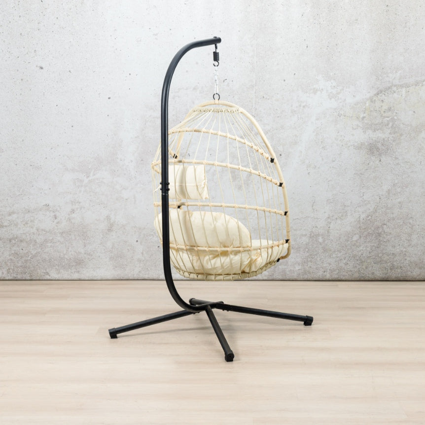 Side view of  the beige Madison Hanging Chair | Patio chairs, hanging chairs for sale, hanging chair, outdoor seating 