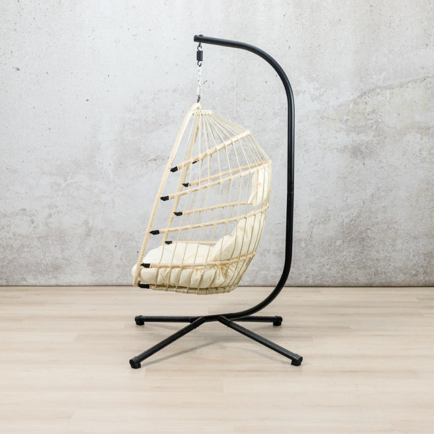 Side view of  the beige Madison Hanging Chair | Patio chairs, hanging chairs for sale, hanging chair, outdoor seating 
