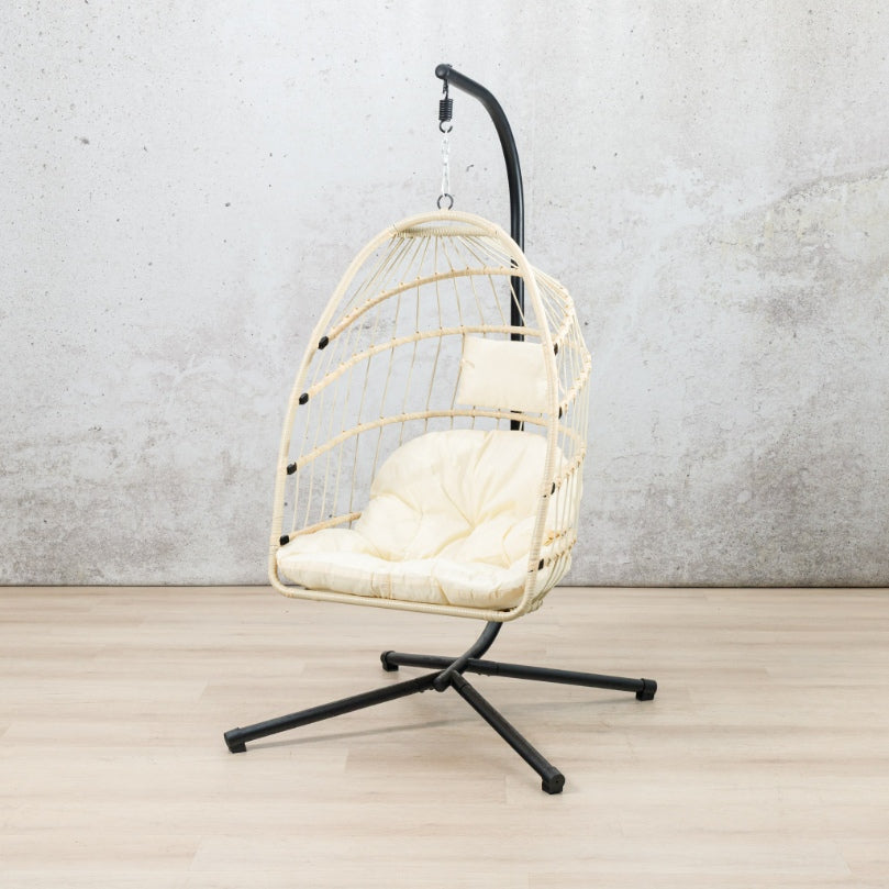 Side view of  the beige Madison Hanging Chair | Patio chairs, hanging chairs for sale, hanging chair, outdoor seating 