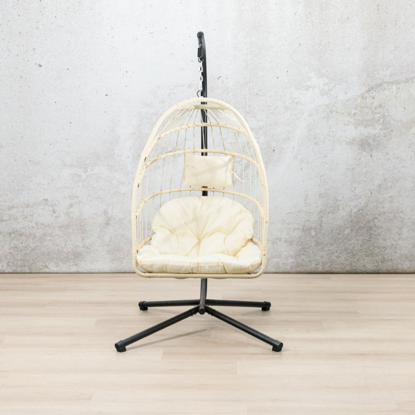 Side view of  the beige Madison Hanging Chair | Patio chairs, hanging chairs for sale, hanging chair, outdoor seating 