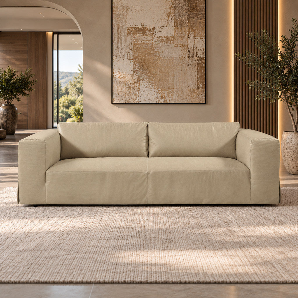 Stattera Ellis 2 Seater Leather Couch in Deep Russet, featuring rich cowhide leather upholstery, broad seating and a low-profile contemporary design.