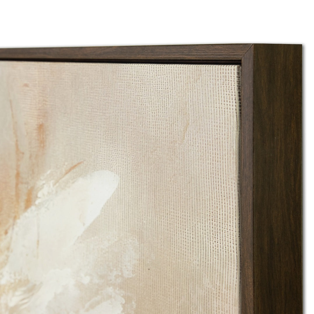 Hand-painted Ethereal Bloom canvas wall art with dark brown frame.