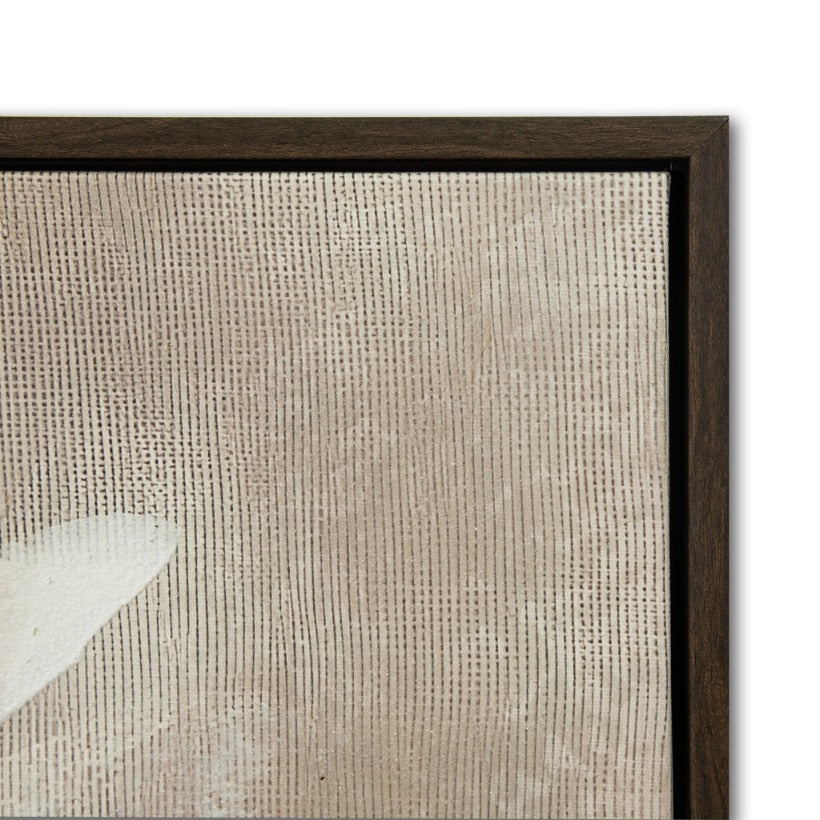 Hand-painted Ethereal Bloom Close-up of canvas texture and dark wood floating frame on wall art south africa.