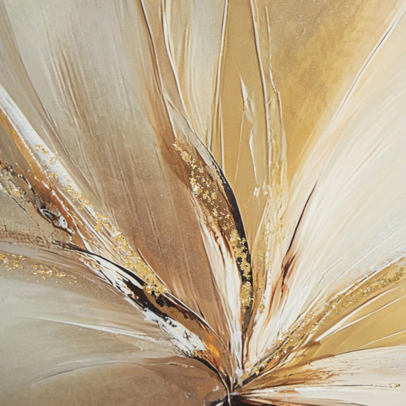 Detailed section of abstract flower wall decor with brown and gold glitter accents. Ethereal Bloom canvas wall art, elegant wall decor for modern bedrooms, wall art South Africa.