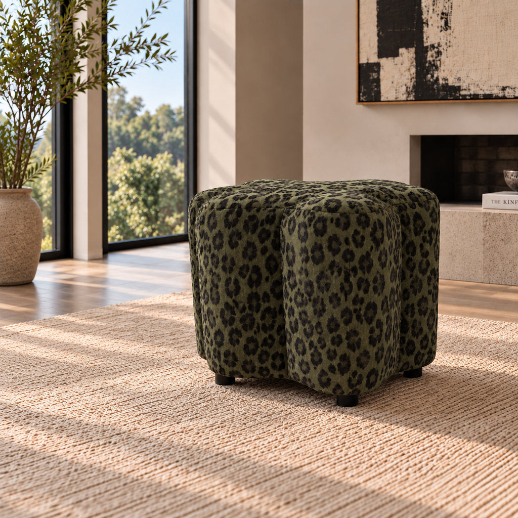 Stattera Evara Stool in Meadow Green, featuring textured chenille upholstery and a compact sculptural form with softly curved contours.