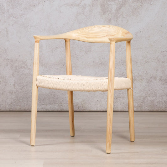 Easton wood dining chair featuring a natural ash wood frame and a textured, handwoven rope seat. dining chairs, modern dining chairs, armchairs