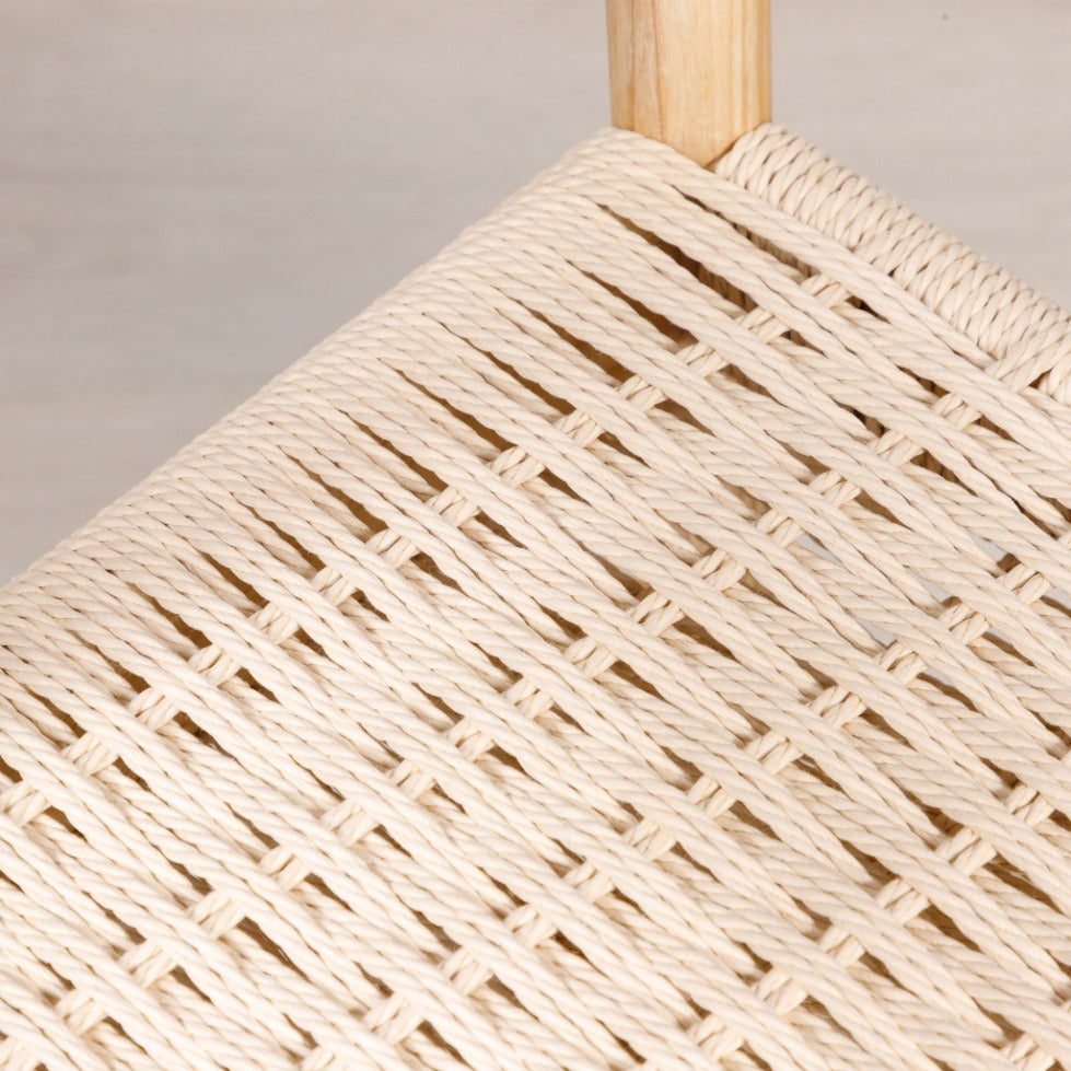 Easton wood dining chair featuring a natural ash wood frame and a textured, handwoven rope seat. dining chairs, modern dining chairs, armchairs, close up 