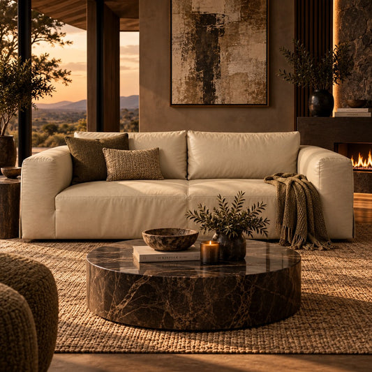 Stattera Ellis 2 Seater Leather Couch in Deep Russet, featuring rich cowhide leather upholstery, broad seating and a low-profile contemporary design.