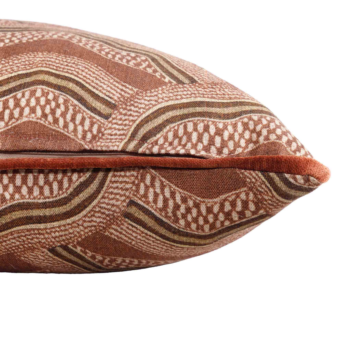 Leather Gallery Ember Terrain Cushion in Seal Brown, featuring a rust-brown and beige wavy geometric pattern.
