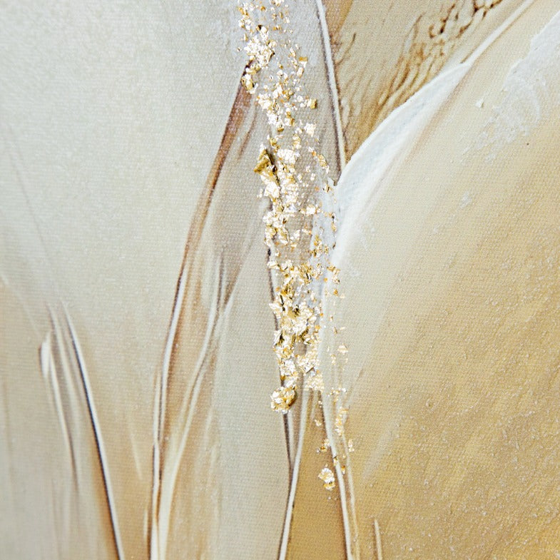 Extreme close-up of gold leaf texture on neutral-toned abstract flower wall art. Hand-painted Ethereal Bloom wall art Elegant wall decor for modern interiors, wall art South Africa.