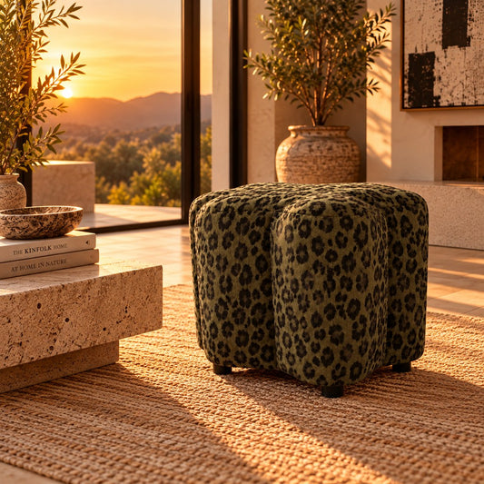 Stattera Evara Stool in Meadow Green, featuring textured chenille upholstery and a compact sculptural form with softly curved contours.