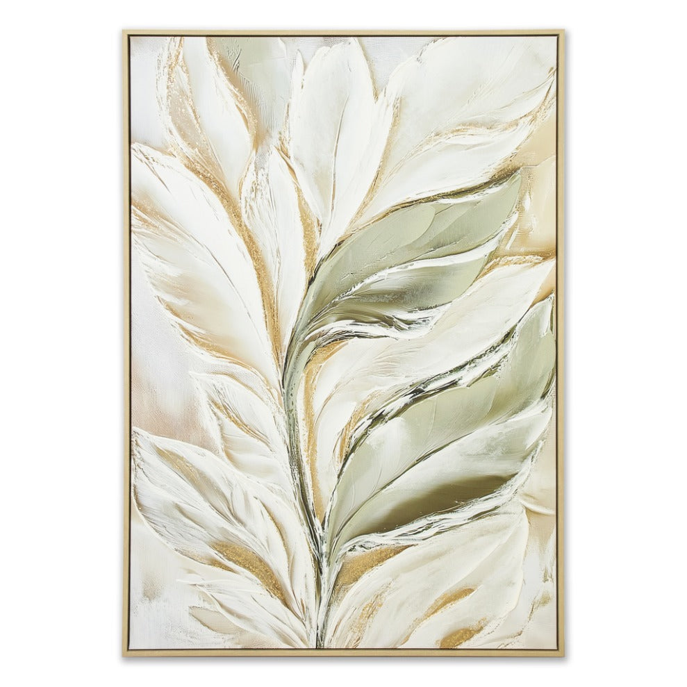 Textured Fern Soliloquy floral wall art with gold leaf highlights, elegant bedroom wall decor and wall art for contemporary interiors.