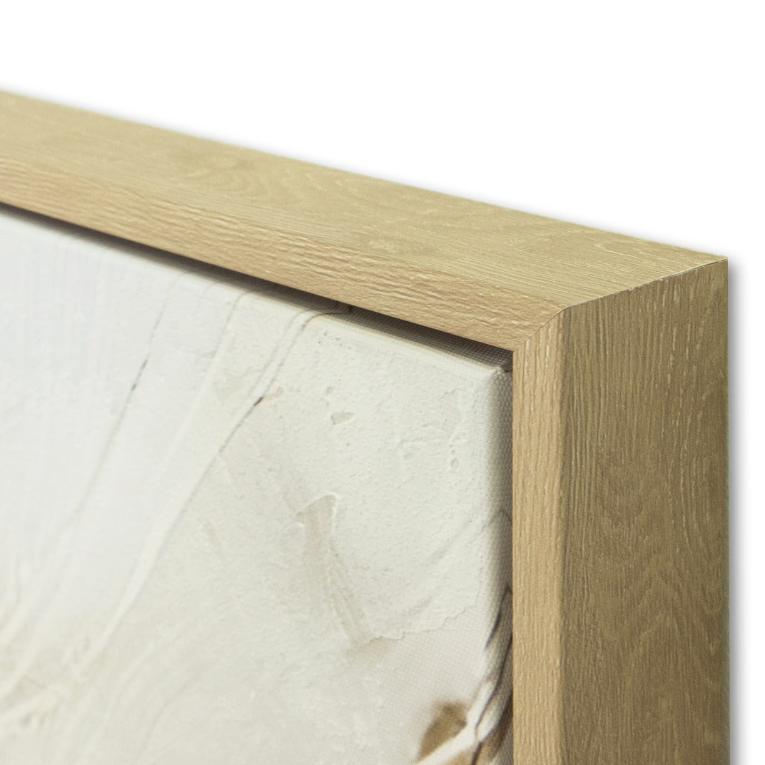 Side profile corner of Fern Soliloquy wall art showing natural light wood floating frame and textured canvas edge. Stylish bedroom wall decor and wall art for contemporary interiors.