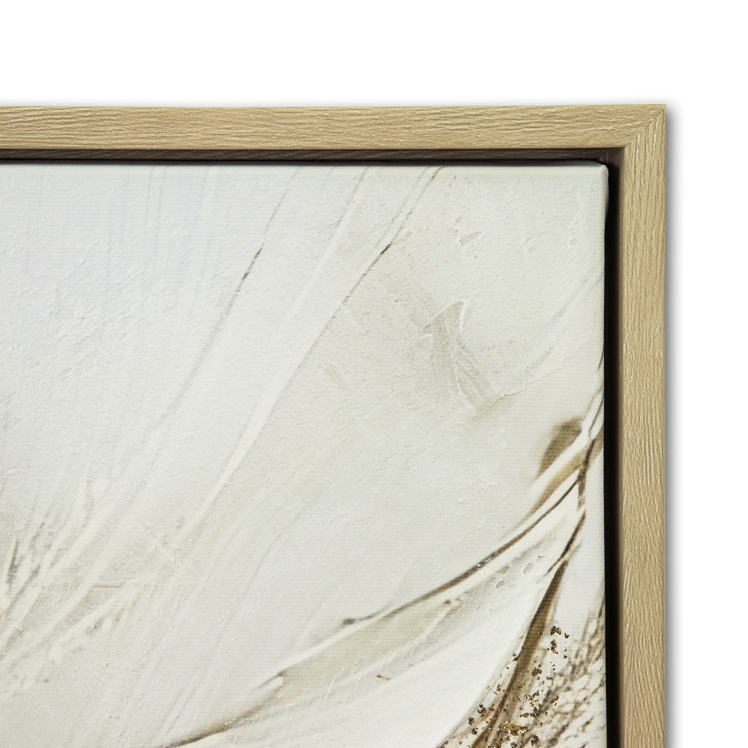 Close-up corner of Fern Soliloquy wall art south africa, showing thick white texture and detail of the light wood frame. Bedroom wall decor and wall art for contemporary interiors.