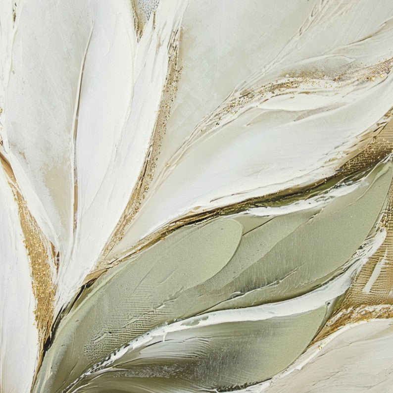Extreme detail of Fern Soliloquy showing impasto white and sage green leaves with textured gold glitter accents. Abstract canvas wall art, bedroom wall decor and wall art for modern spaces.
