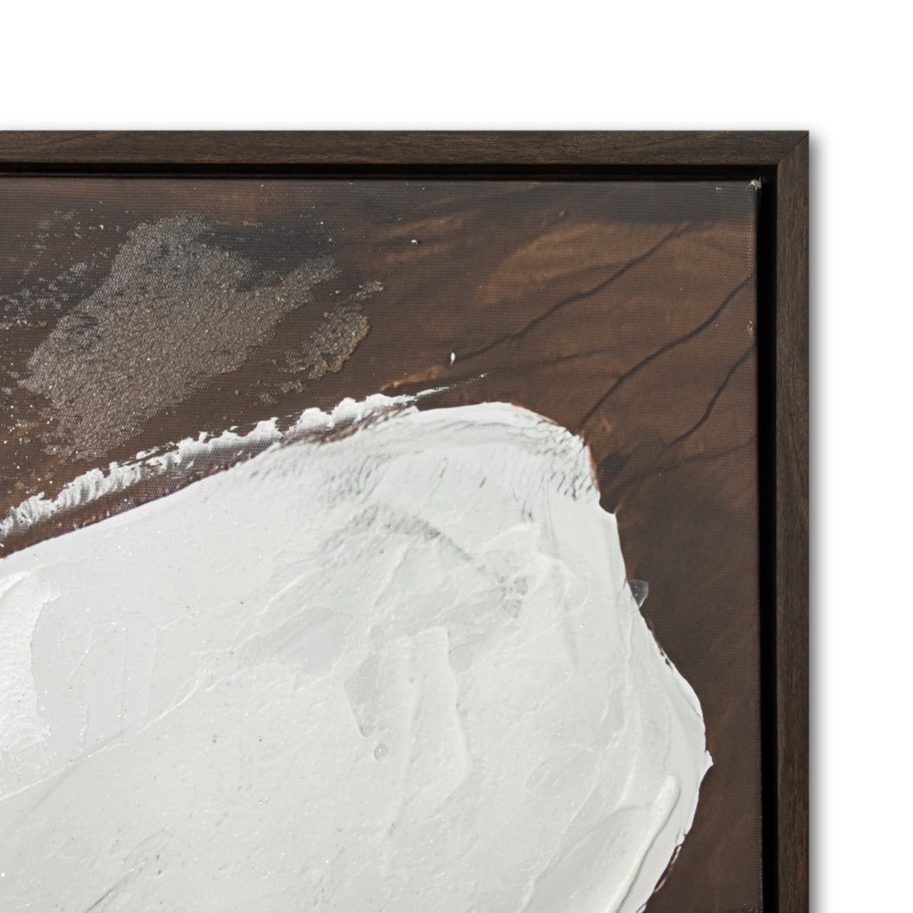 Detailed corner view of Fiore D'Oro canvas wall art, highlighting thick texture, rich dark brown background, and frame. Wall decor for modern homes.