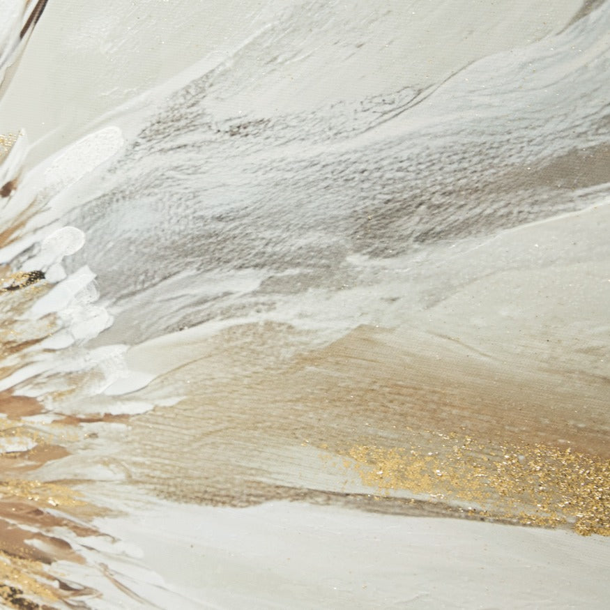 Extreme close-up of Fiore D’Oro abstract flower painting, showing white and beige brushstrokes with gold glitter texture. Wall art South Africa. Ideal for bedroom wall art and stylish wall decor.