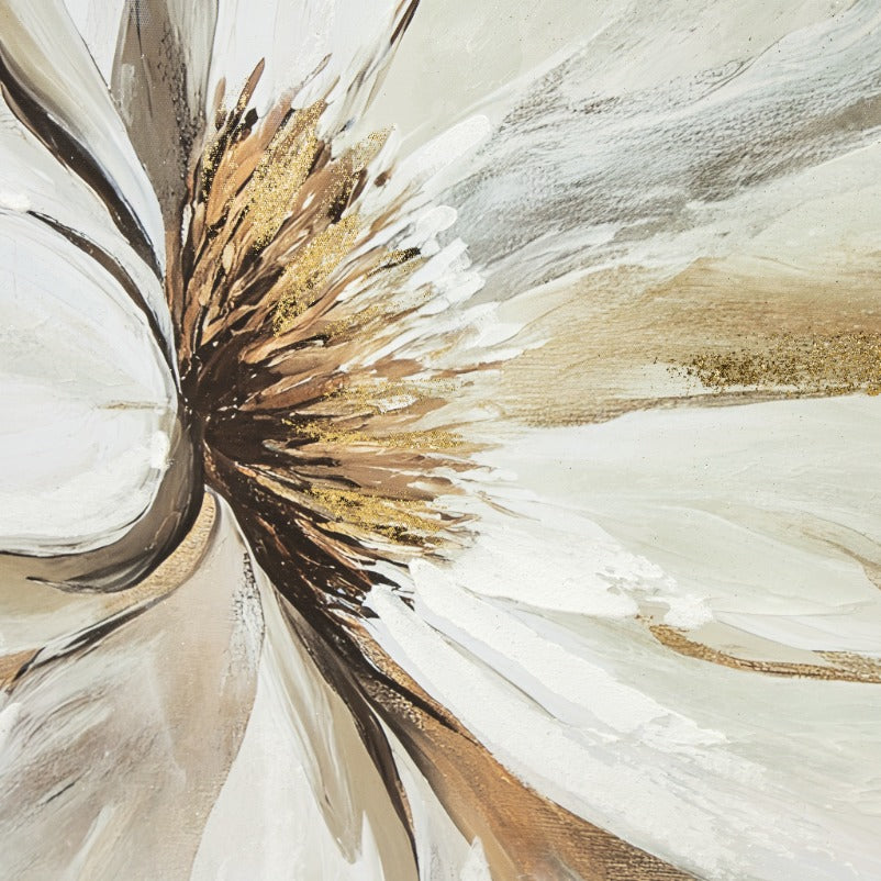 Detail of Fiore D'Oro abstract flower center with white petals, dark brown core, and shimmering gold accents. Elegant canvas wall art. ideal for bedroom wall art and stylish wall decor.