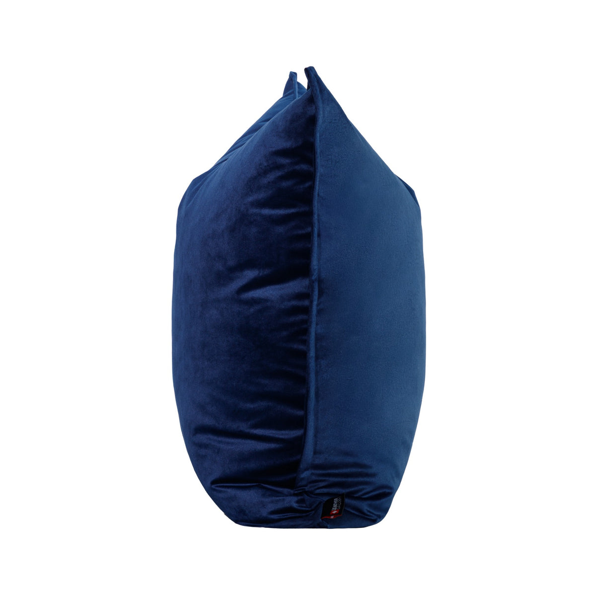 Leather Gallery Fluxx Navy Blue Cushion 59cm x 59cm, featuring soft navy velvet upholstery and a small red branded tag.