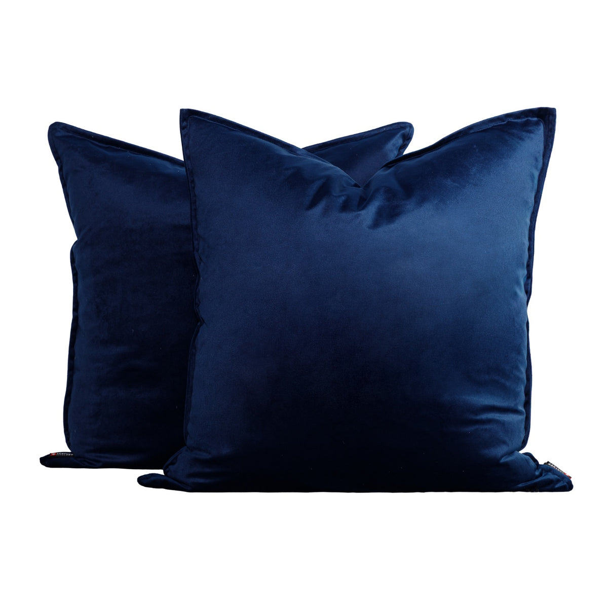 Two Leather Gallery Fluxx Navy Blue Cushions 59cm x 59cm, featuring soft velvet upholstery on a white background.