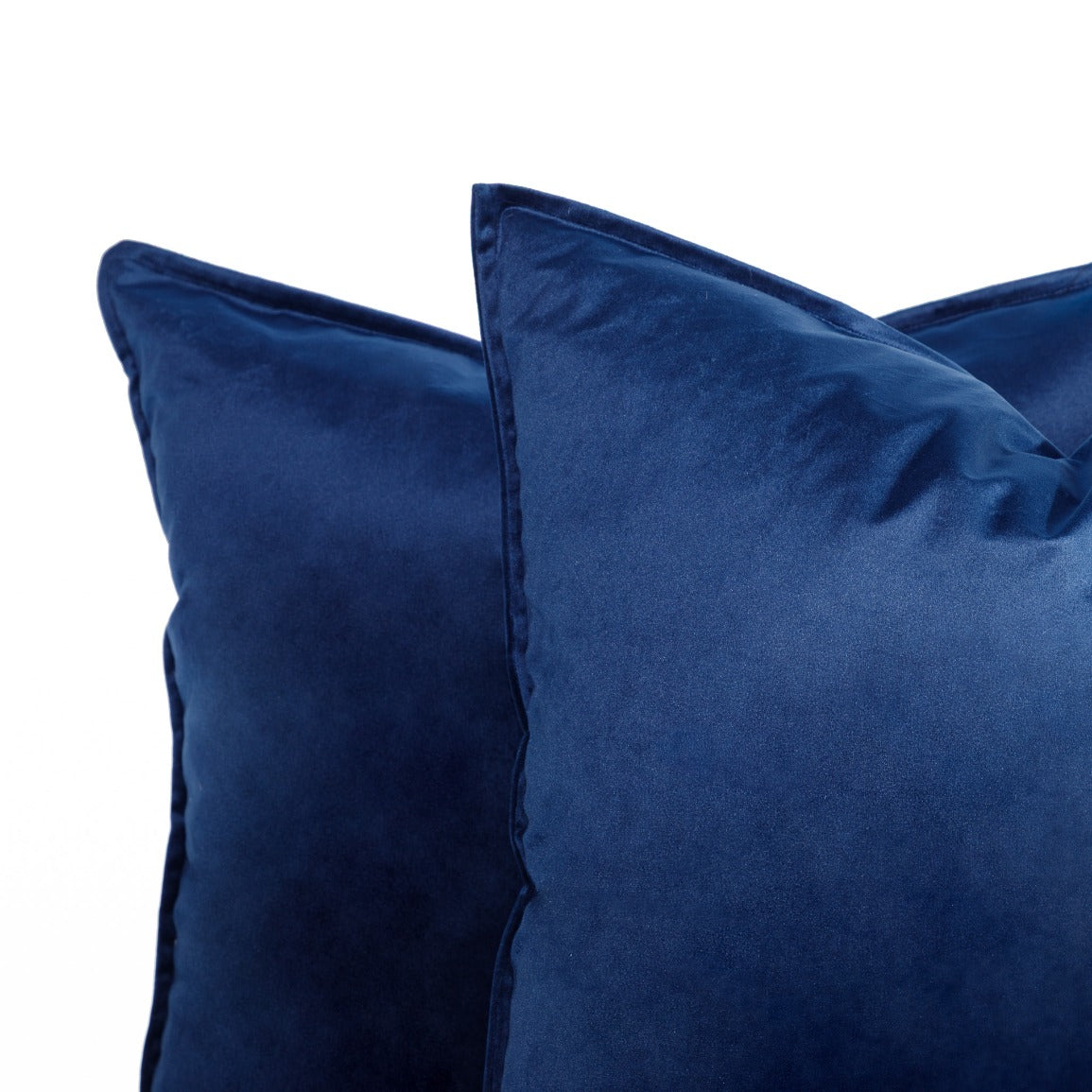 Close-up of two Leather Gallery Fluxx Navy Blue Cushions 59cm x 59cm, showing the soft velvet texture on a white background.