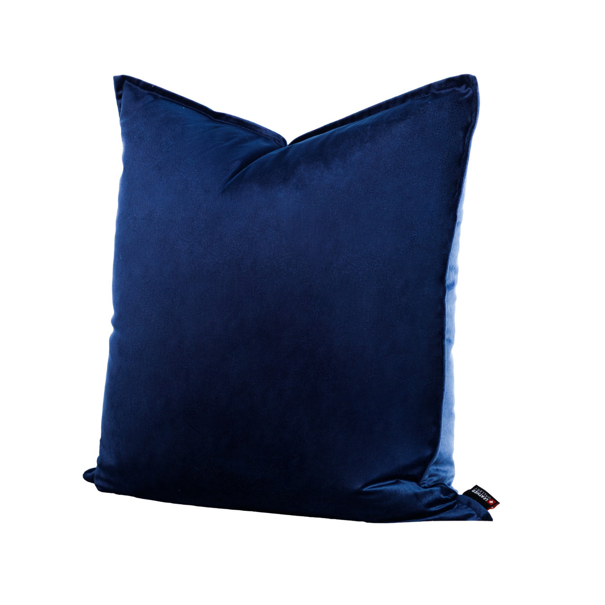 Leather Gallery Fluxx Navy Blue Cushion 59cm x 59cm, featuring soft velvet upholstery and a small black branded tag.