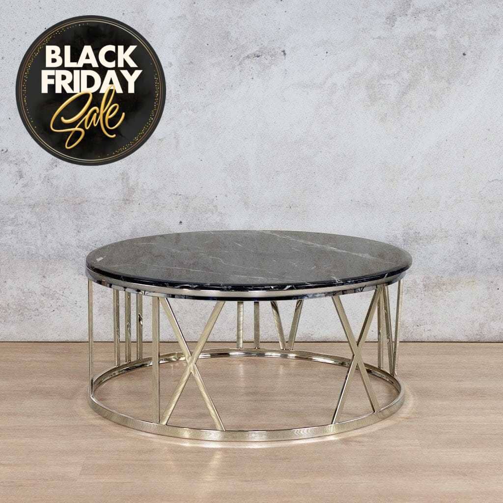 Zoya Coffee Table - Black Marble Look Top & Silver Base Coffee Table Leather Gallery DIA1010 x H450 Black Marble Top - Silver Base 